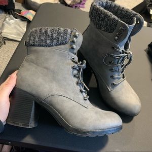 Grey faux suede sweater trim lace up booties